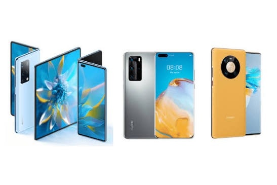 Huawei phone lineup: a foldable, a silver phone with a curved screen and a yellow phone with a round camera