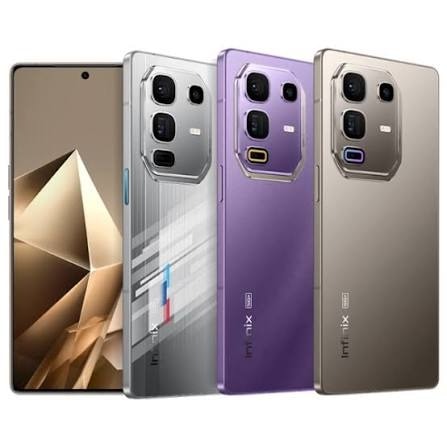 Infinix phones: a grey, a purple and a bronze phone with square camera modules, and a gold-pattern screen
